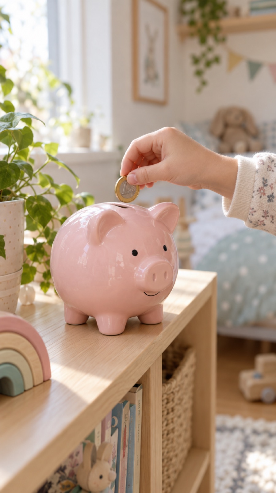 Een kinderhand doet een munt in een roze spaarvarken